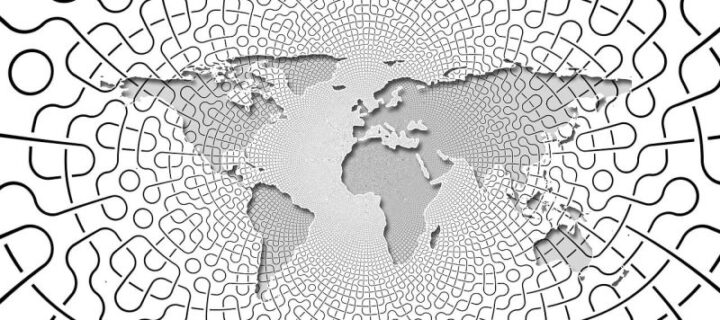 World in a stylized web representing the Internet, in gray